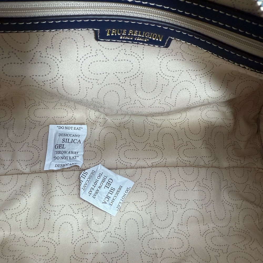 NWT True Religion Blue Denim Distressed Patch Satchel Crossbody Handbag Charms - Picture 6 of 6